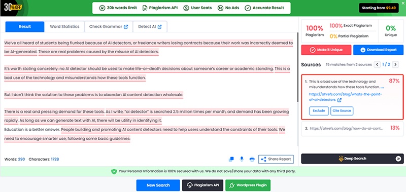 ahrefs blog plagiarism checker result