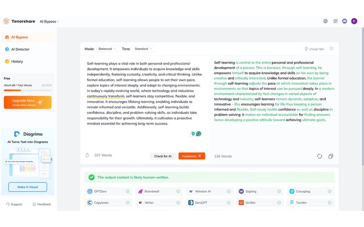 ai content humanized with tenorshare ai bypass