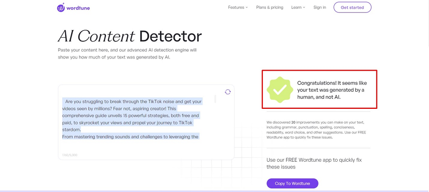 click analyze in wordtune