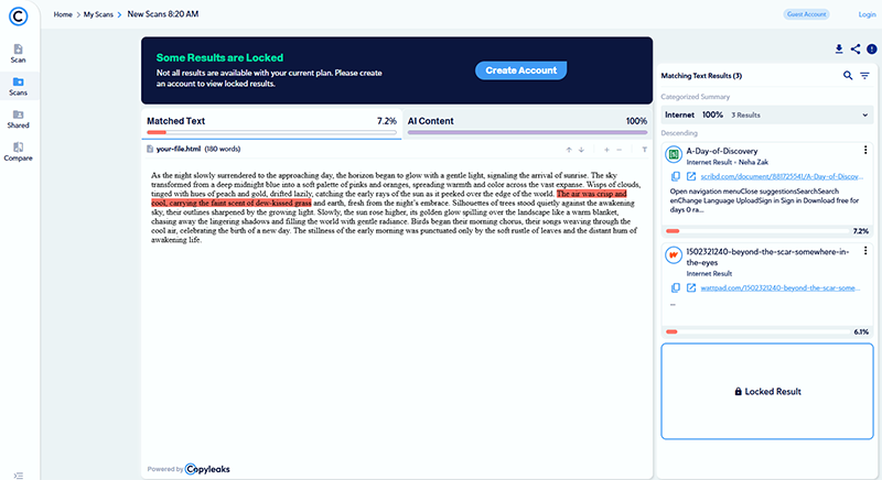 copyleaks user interface