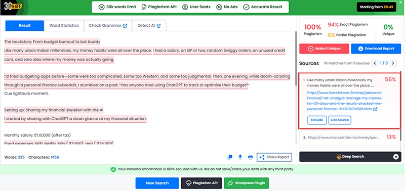 google news plagiarism checker result
