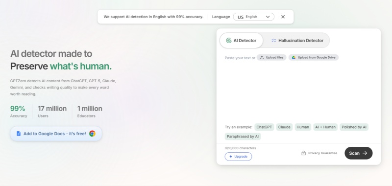 gptzero homepage