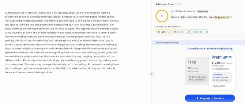 GPTZero humanized text score