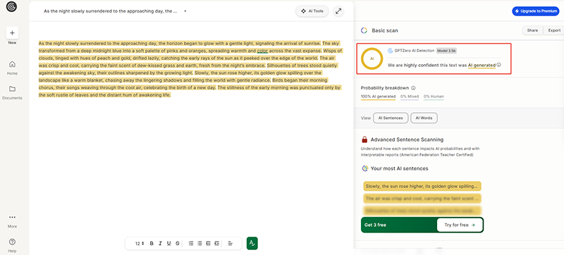 gptzero user interface