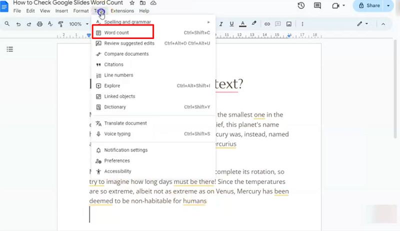 how to check word count on google slides 3