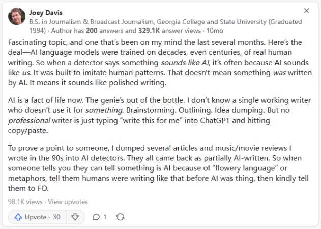 joey's opnion about ai detector says my writing is ai