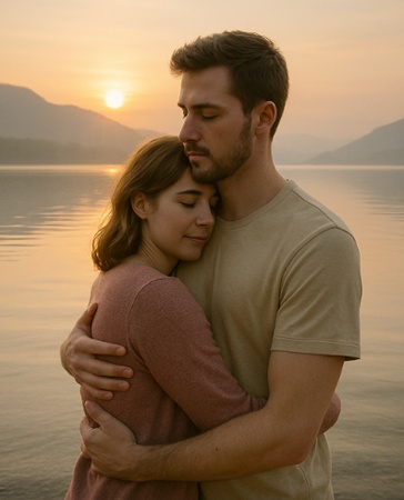 lakeside hug at sunrise