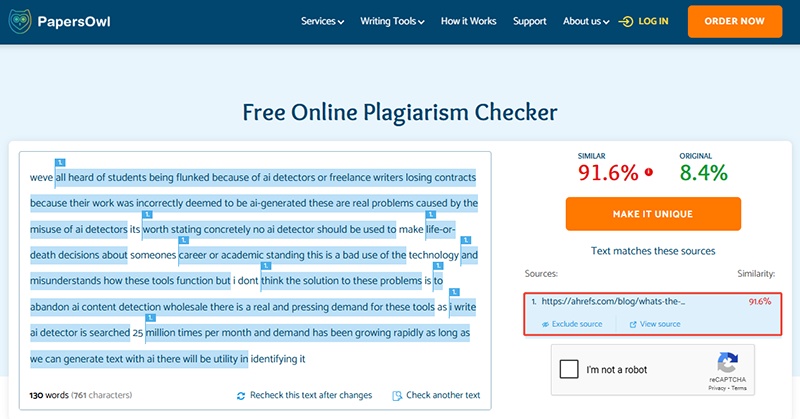 papersowl plagiarism check result