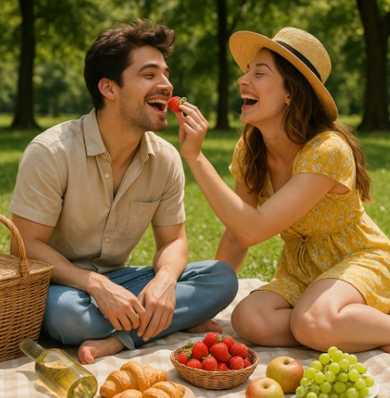 picnic couple laughing