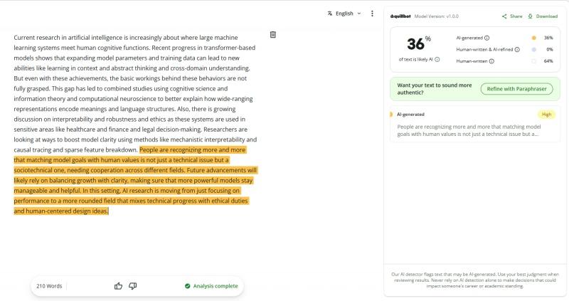 QuillBot humanized text score