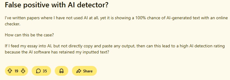 reddit post about false postive with ai detector