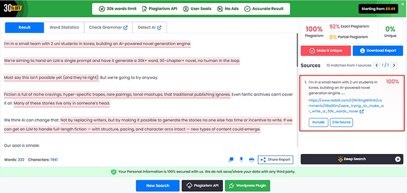 reddit post plagiarism checker result