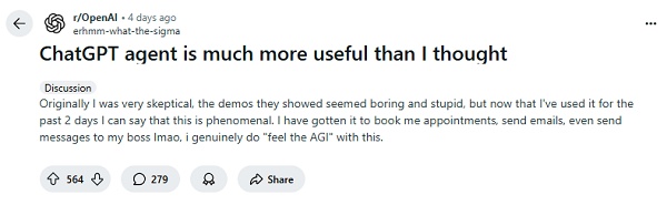 reddit users positive comments on chatgpt agent