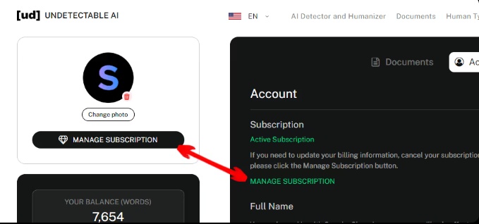 select manage subscription