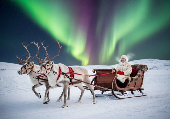 Sleigh ride under Christmas lights