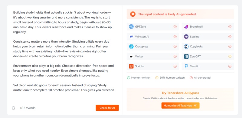 tenorshare ai detector result for chatgpt output