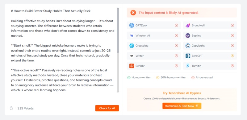 tenorshare ai detector result for claude output