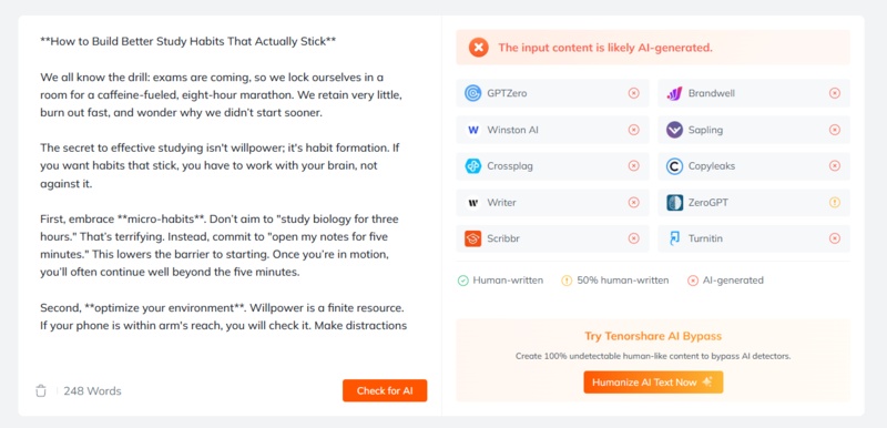 tenorshare ai detector result for deepseek output