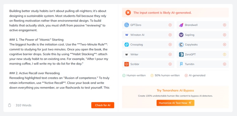 tenorshare ai detector result for gemini output