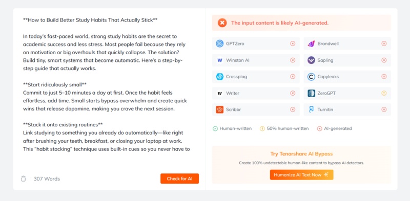 tenorshare ai detector result for grok output
