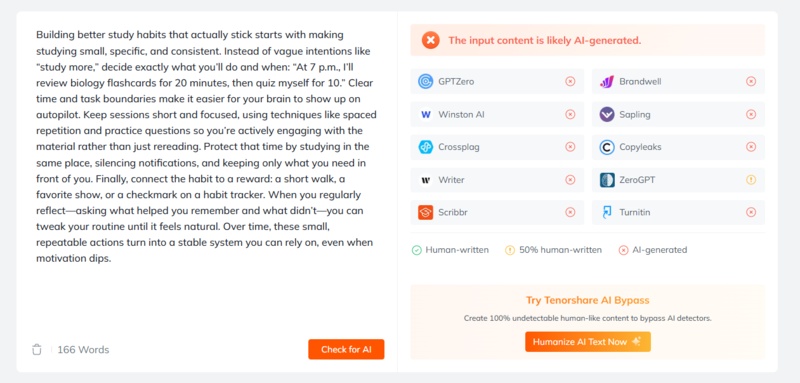 tenorshare ai detector result for perplexity output