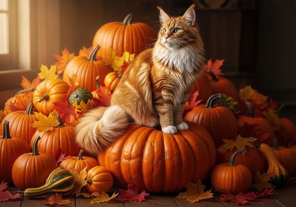 thanksgiving cat with pumpkin