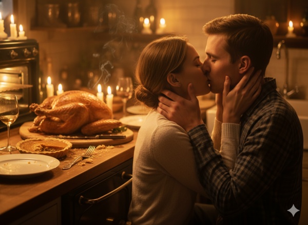 thanksgiving couple kiss kitchen