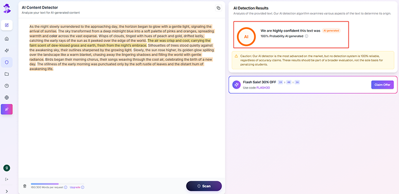 walter writes ai detector user interface