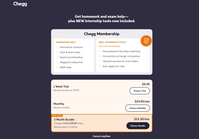 chegg study pricing plans