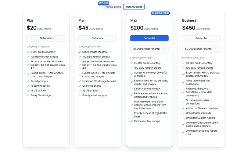julius ai pricing plan