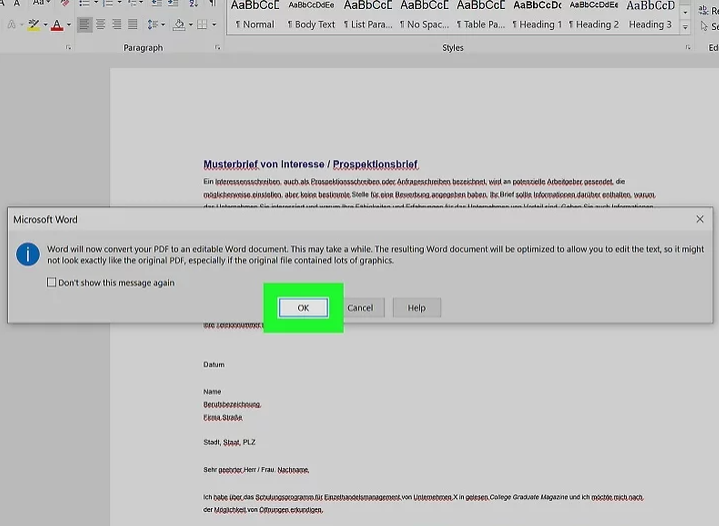 Click OK to convert the file finally into word