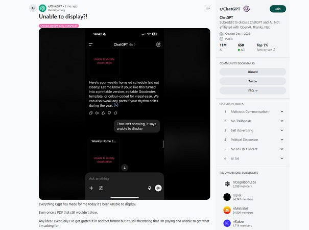 chatgpt unable to display reddit