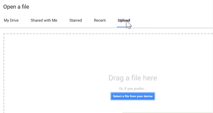 Find the Upload option to your Google Doc for converting PDF to word