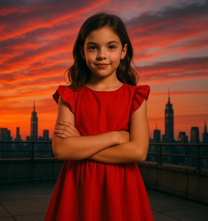 girl in red dress rooftop