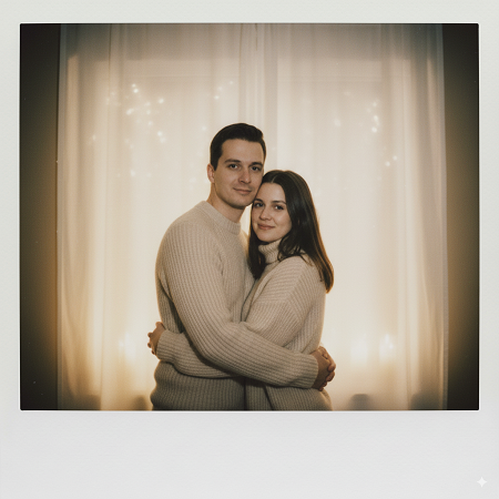 Polaroid Photo Editing Prompt for Couples with Curtain Glow