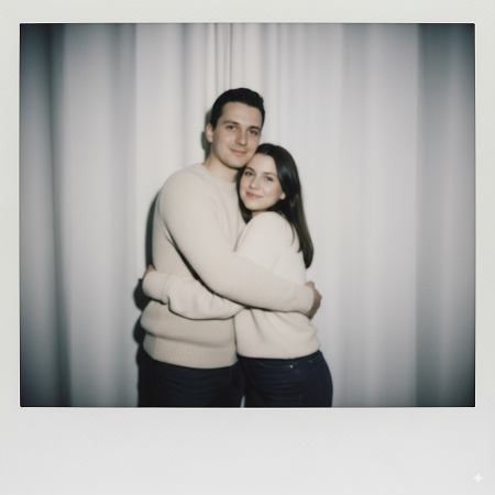 Polaroid Photo Editing Prompt for Couples Matching Outfits Hug