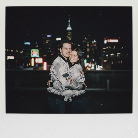 Polaroid Photo Editing Prompt for Couples on Rooftop Neon Night