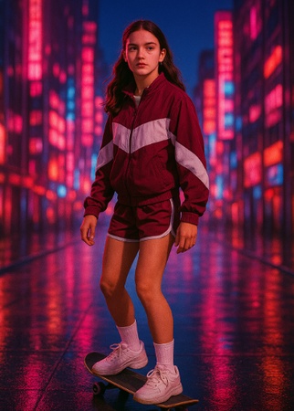 teen skateboarding in neon city