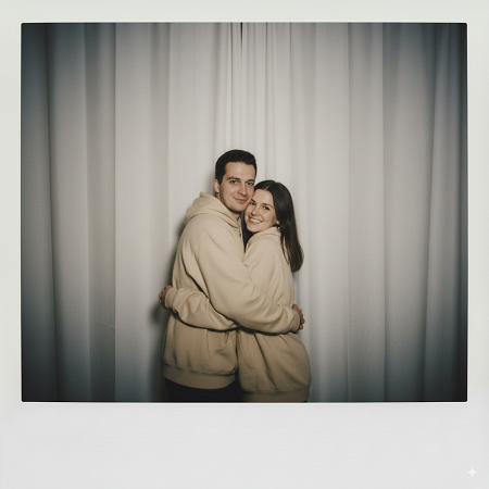 Polaroid Photo Editing Prompt for Couples with White Curtain Hug