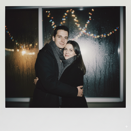 Polaroid Photo Editing Prompt for Couples with Window Reflections