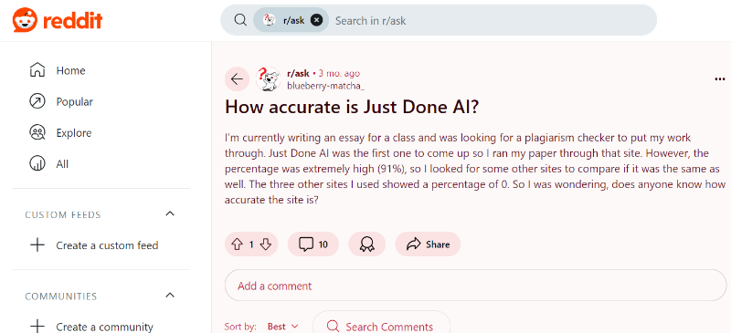 Publicación de Justdone AI en Reddit