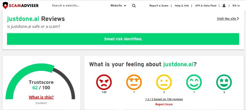 Reseña de Justdone AI en Scamadviser