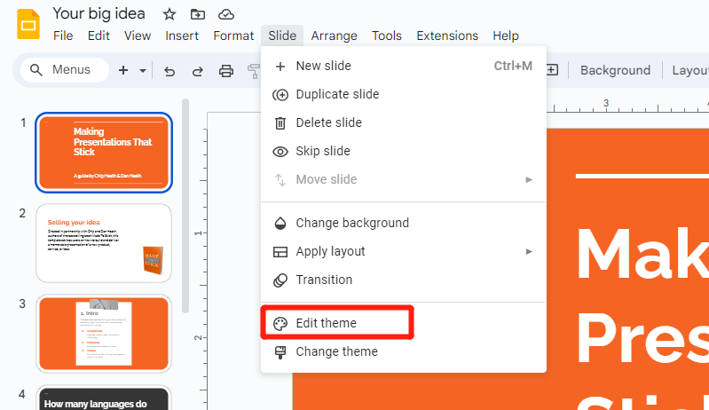 choose edit theme to change color 