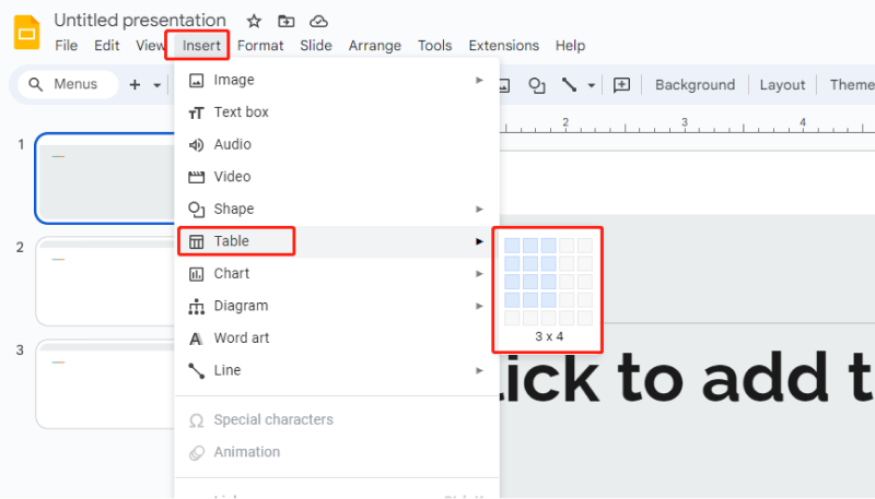 how to insert a table in a slide