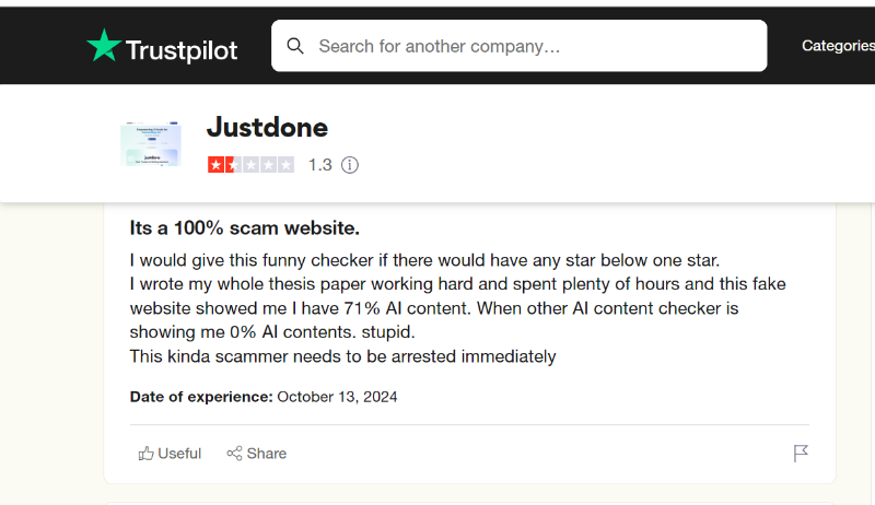Reseña de Justdone AI en Trustpilot