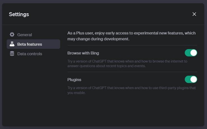 turn plugins and browse web browsing on in chatgpt
